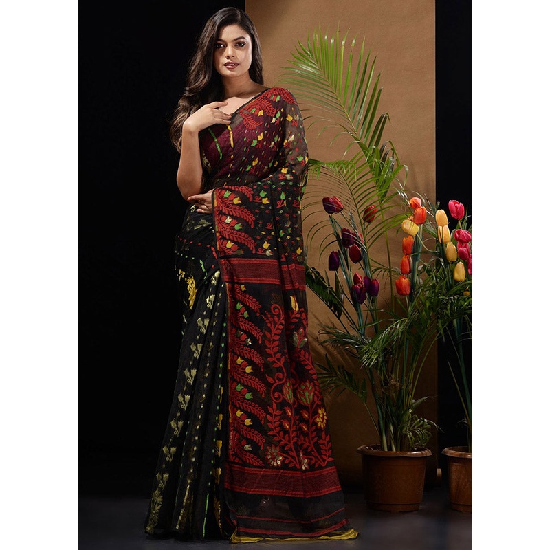 Black Tant Jamdani Saree Without Blouse Piece - JD986596640
