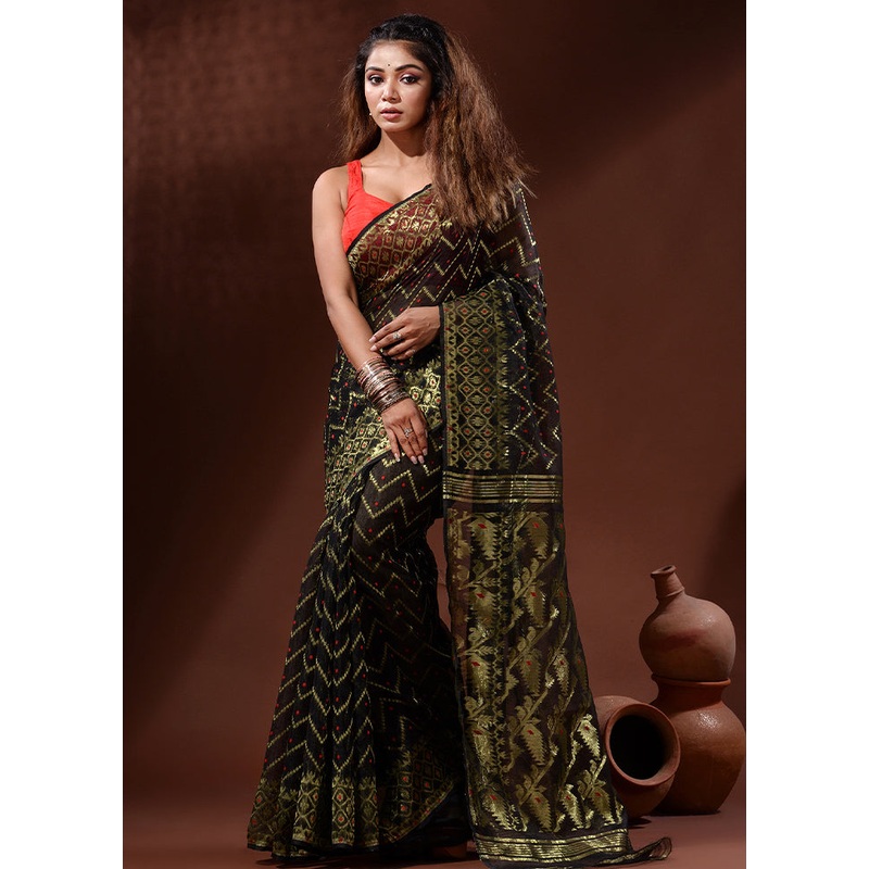 Black Tant Jamdani Saree Without Blouse Piece - JD986596642