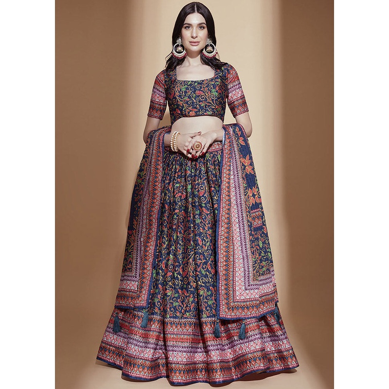 Blue Semi Stitched Blended Silk Lehenga Choli Set With Dupatta - JD986596478
