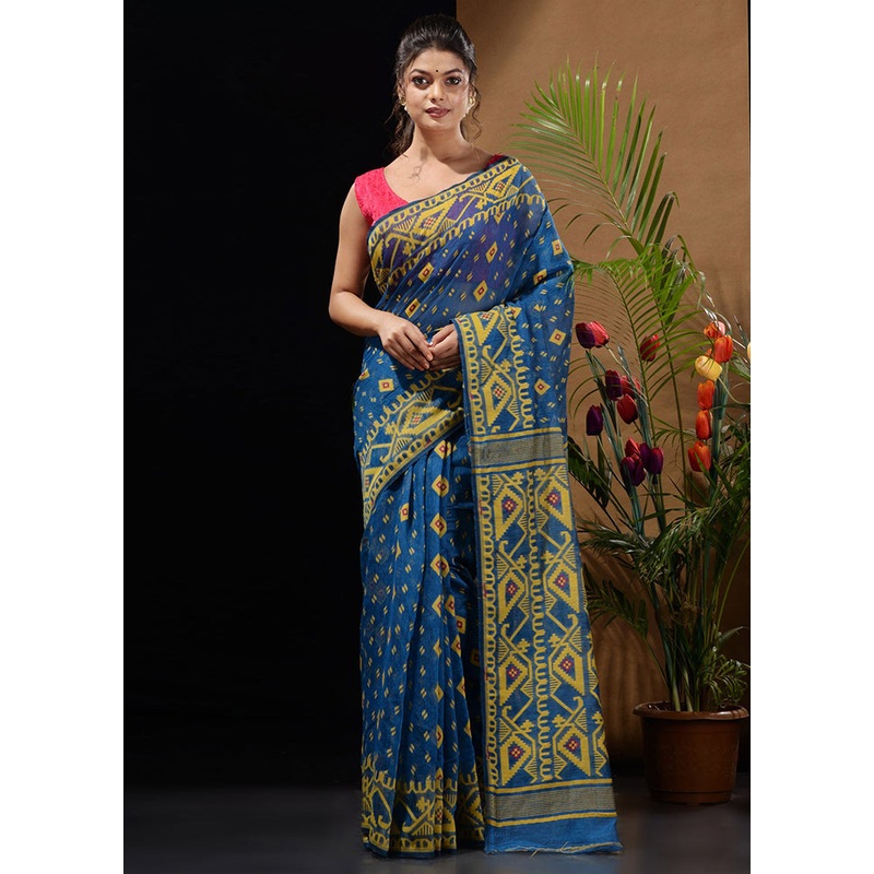 Blue Tant Jamdani Saree Without Blouse Piece - JD986596516