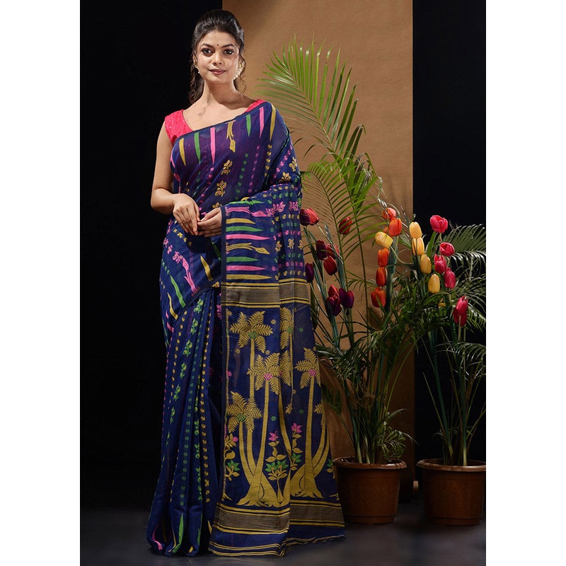 Blue Tant Jamdani Saree Without Blouse Piece - JD986596519