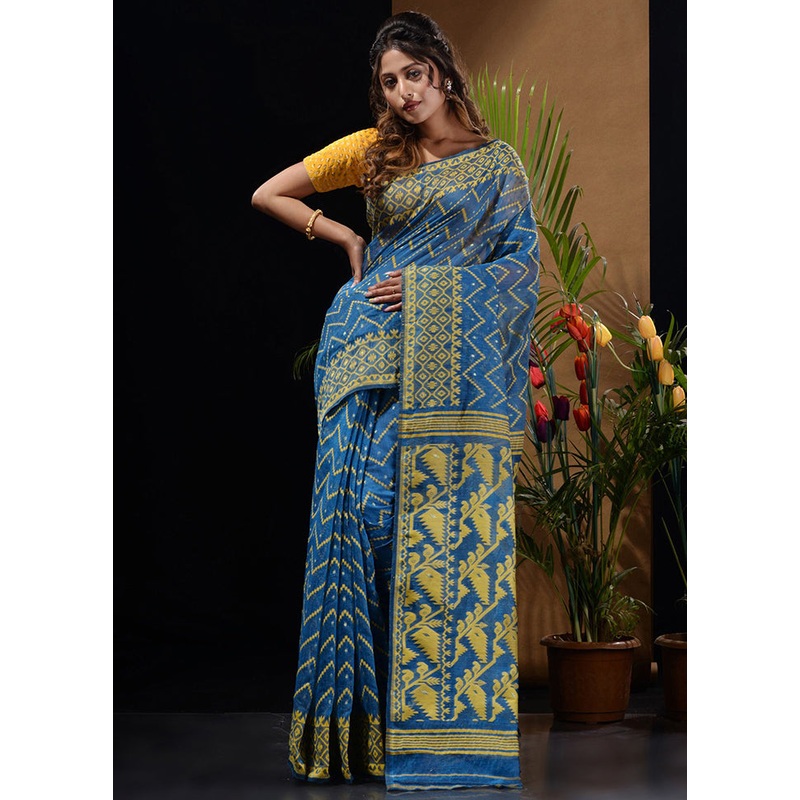 Blue Tant Jamdani Saree Without Blouse Piece - JD986596535