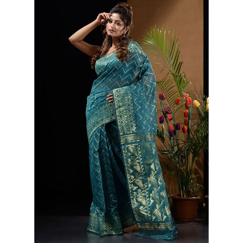 Blue Tant Jamdani Saree Without Blouse Piece - JD986596537