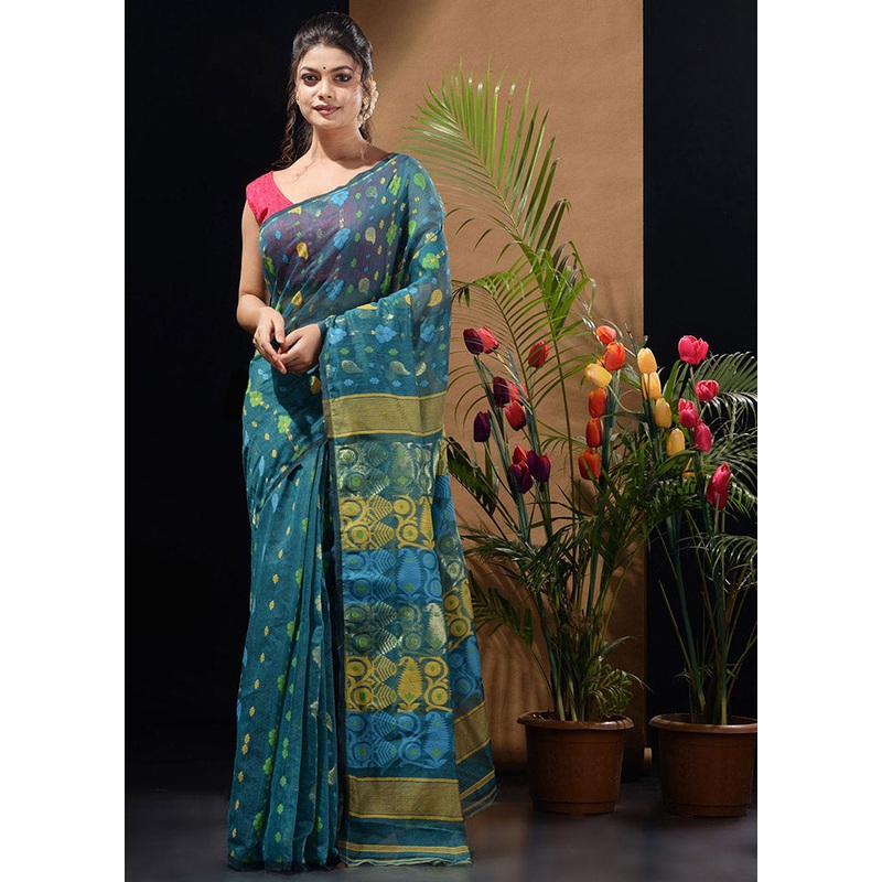 Blue Tant Jamdani Saree Without Blouse Piece - JD986596547