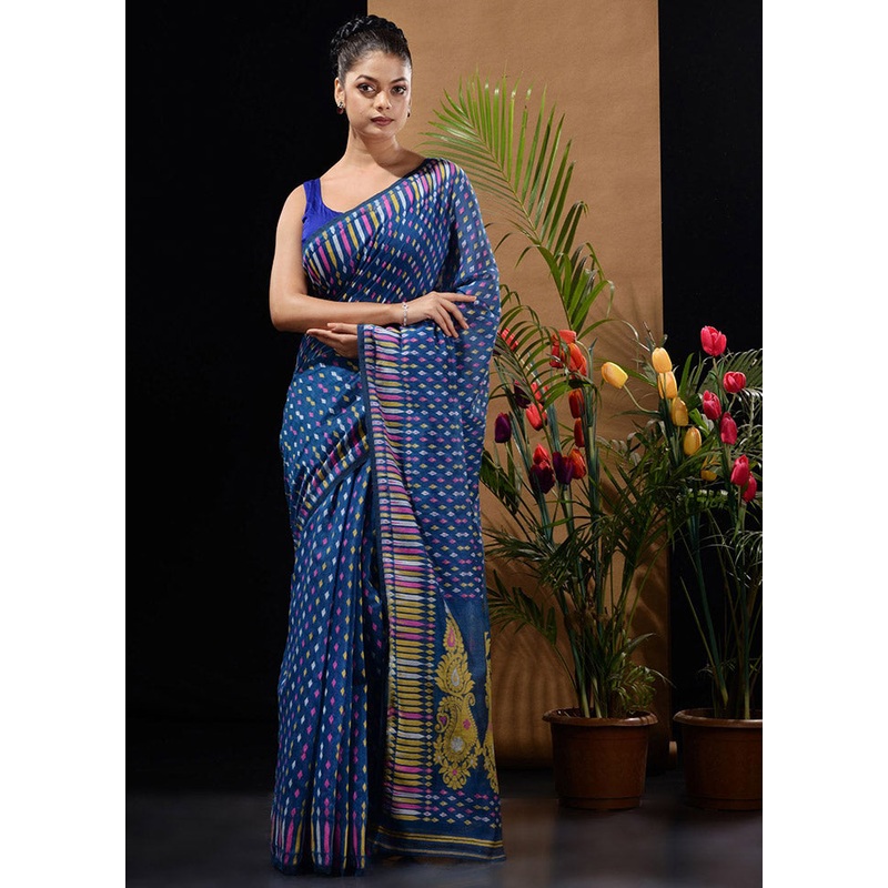 Blue Tant Jamdani Saree Without Blouse Piece - JD986596561