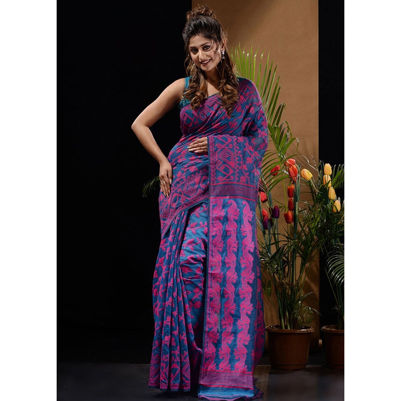 Blue Tant Jamdani Saree Without Blouse Piece - JD986596580