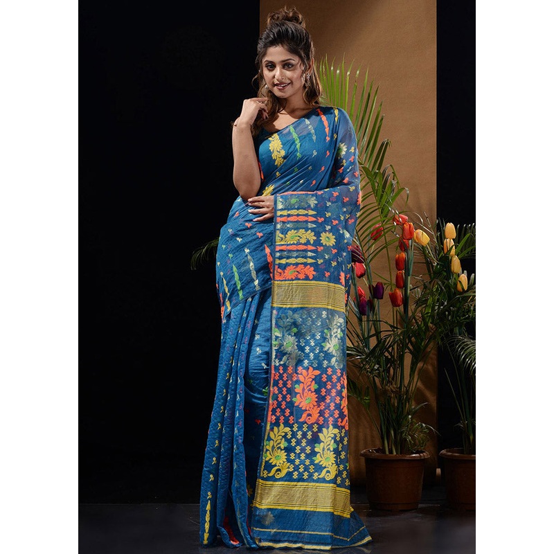 Blue Tant Jamdani Saree Without Blouse Piece - JD986596587