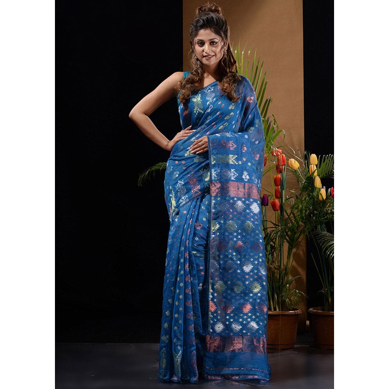 Blue Tant Jamdani Saree Without Blouse Piece - JD986596626
