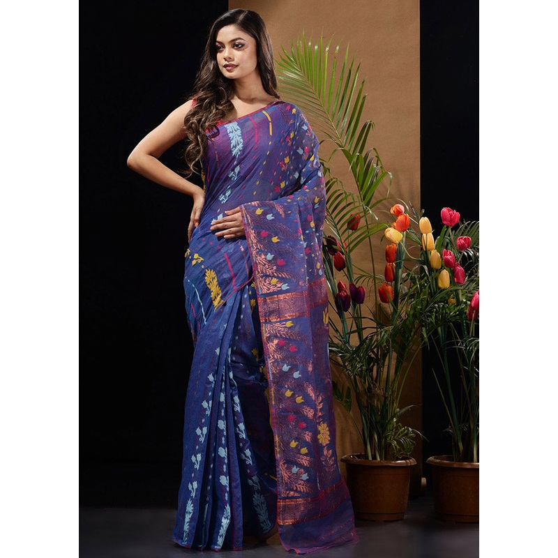 Blue Tant Jamdani Saree Without Blouse Piece - JD986596638