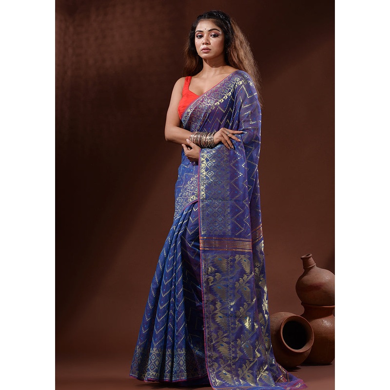 Blue Tant Jamdani Saree Without Blouse Piece - JD986596641