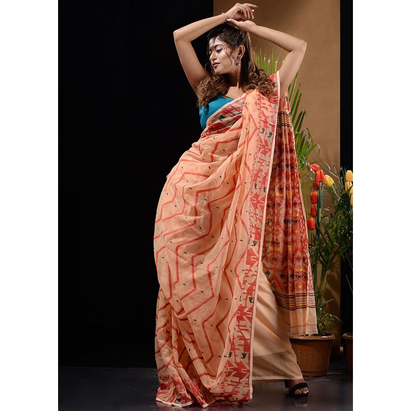 Cream Tant Jamdani Saree Without Blouse Piece - JD986596622