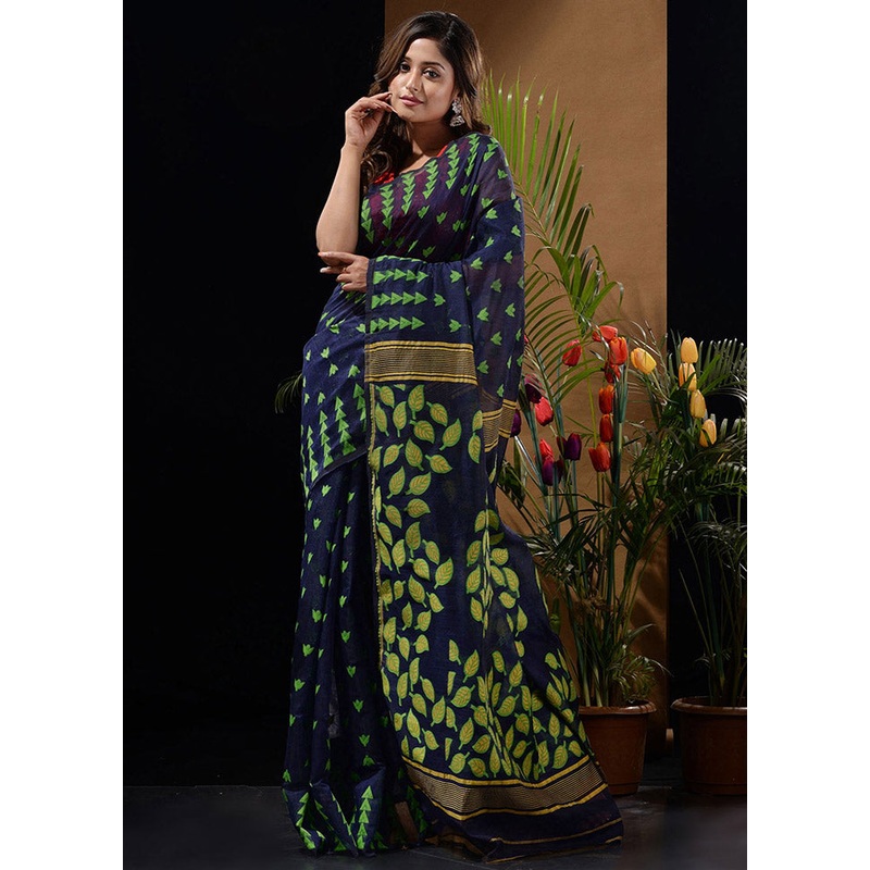 Dark Blue Tant Jamdani Saree Without Blouse Piece - JD986596598