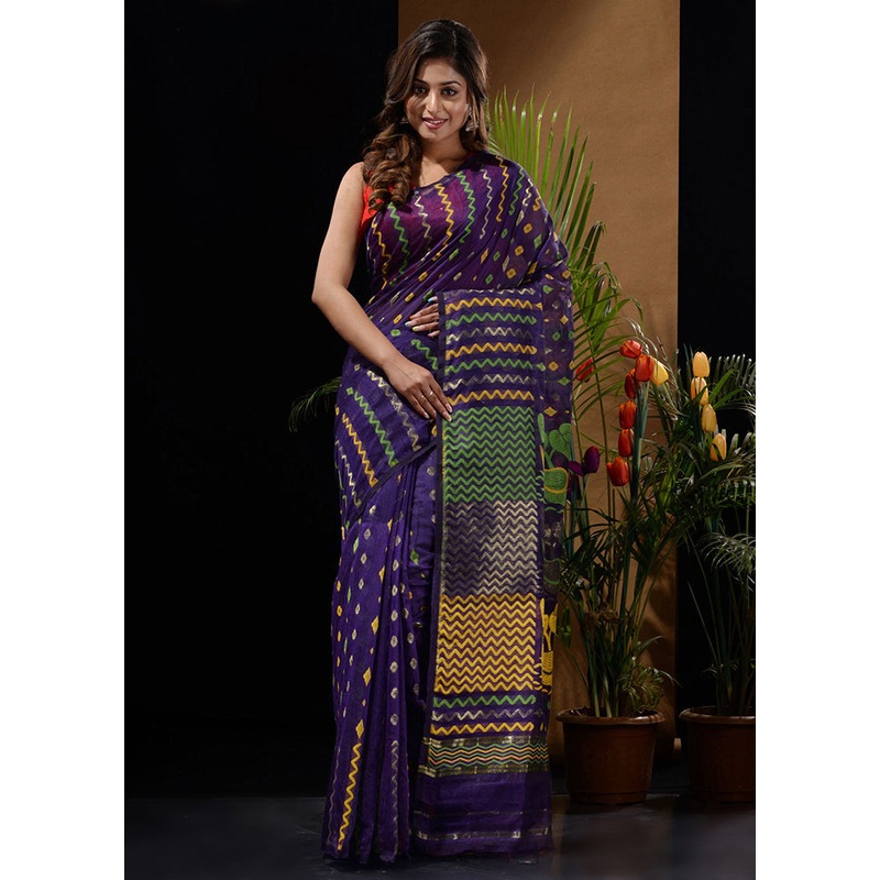 Dark Blue Tant Jamdani Saree Without Blouse Piece - JD986596609