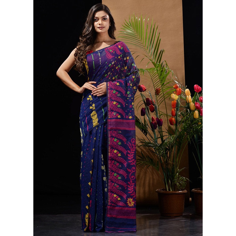 Dark Blue Tant Jamdani Saree Without Blouse Piece - JD986596633