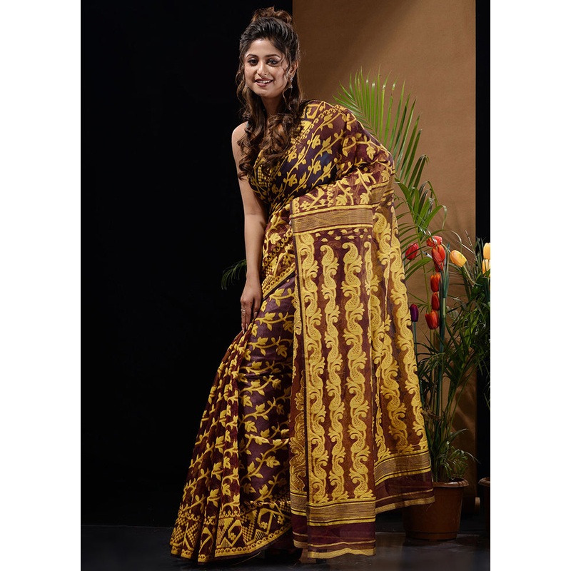 Dark Brown Tant Jamdani Saree Without Blouse Piece - JD986596583