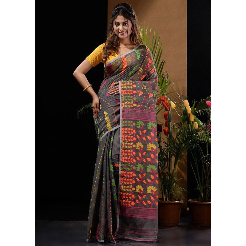 Dark Grey Tant Jamdani Saree Without Blouse Piece - JD986596555