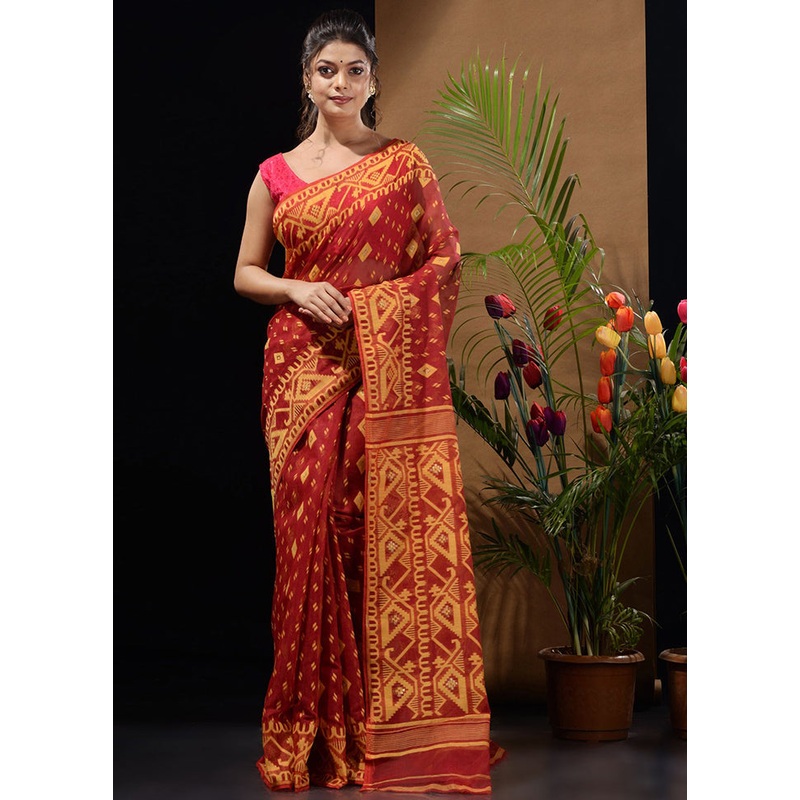 Dark Red Tant Jamdani Saree Without Blouse Piece - JD986596513