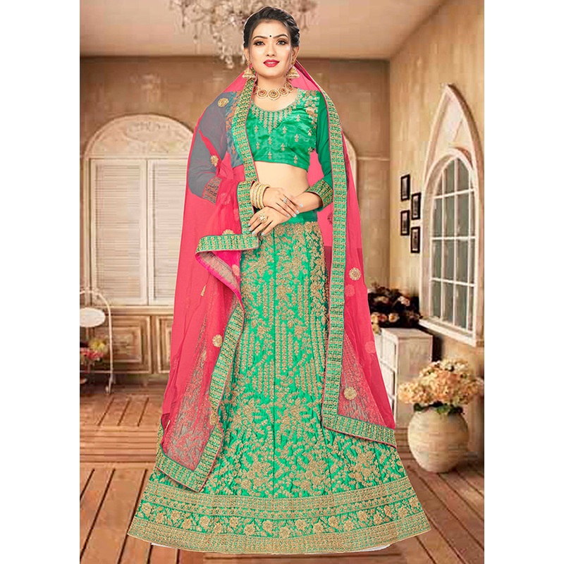 Green Semi Stitched Blended Silk Lehenga Choli Set With Dupatta - JD986596487
