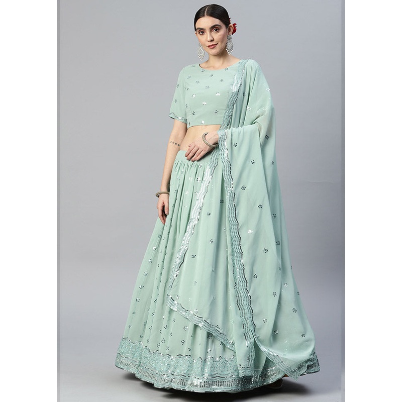 Green Semi Stitched Georgette Lehenga Choli Set With Dupatta - JD986596472