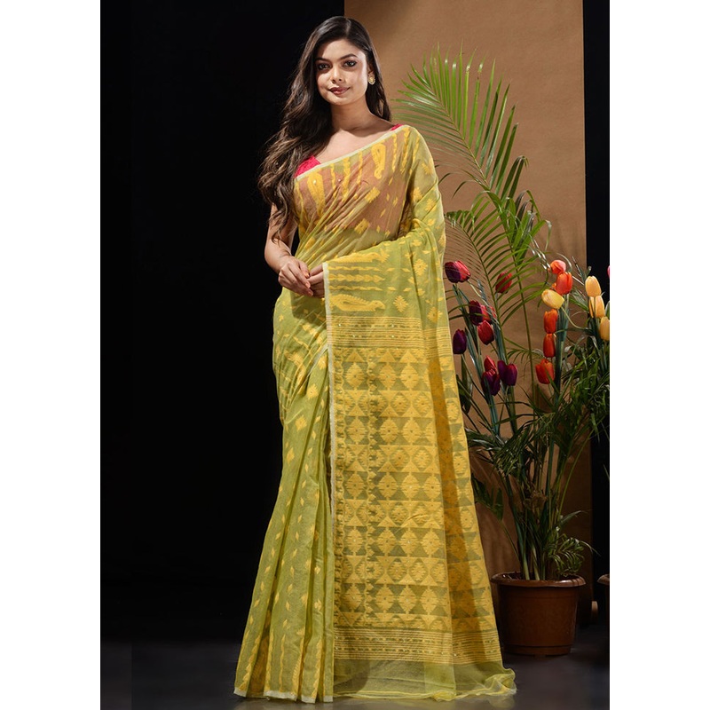 Green Tant Jamdani Saree Without Blouse Piece - JD986596509