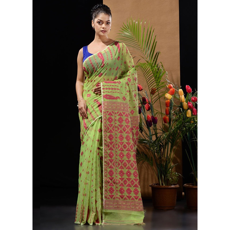 Green Tant Jamdani Saree Without Blouse Piece - JD986596510