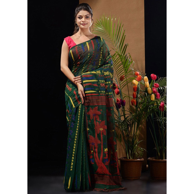 Green Tant Jamdani Saree Without Blouse Piece - JD986596521