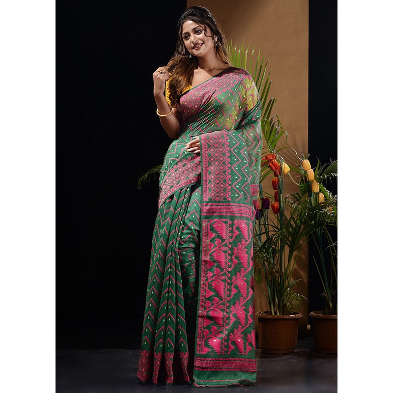 Green Tant Jamdani Saree Without Blouse Piece - JD986596534