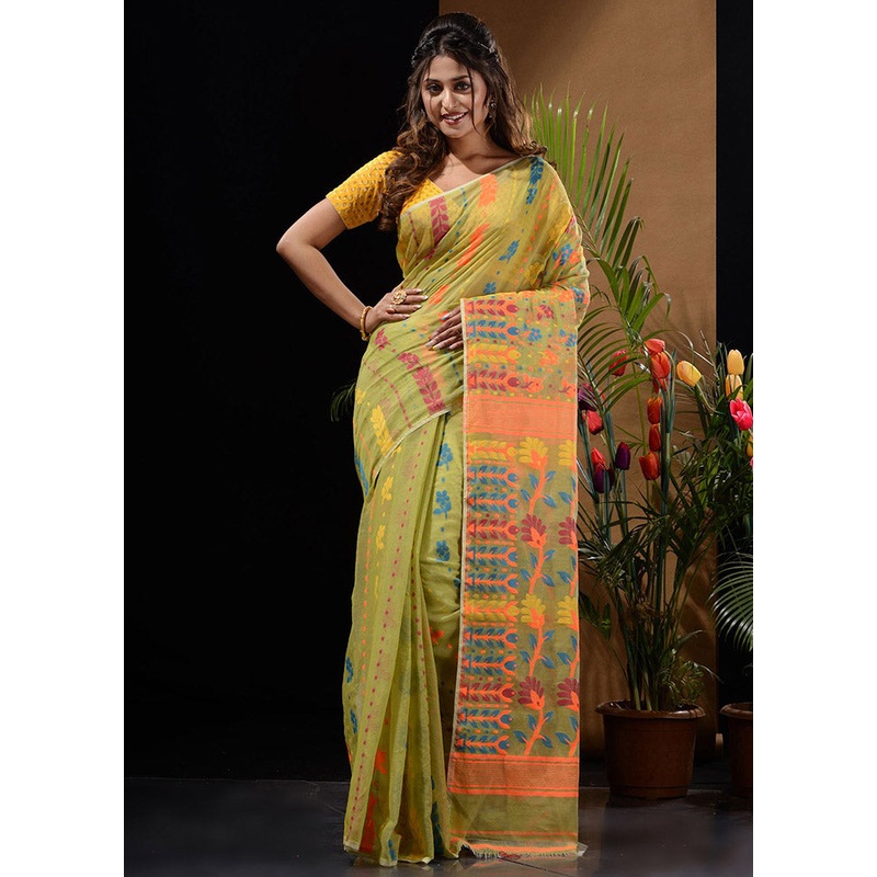 Green Tant Jamdani Saree Without Blouse Piece - JD986596553