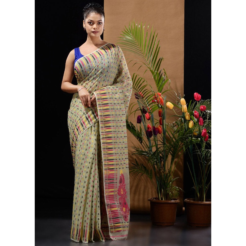 Green Tant Jamdani Saree Without Blouse Piece - JD986596560