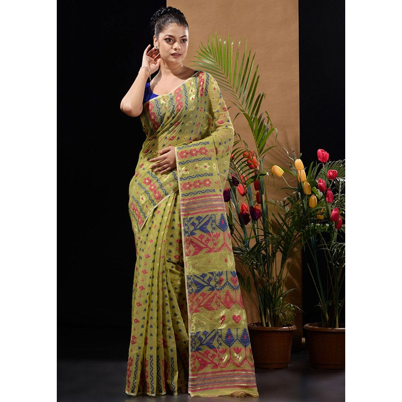 Green Tant Jamdani Saree Without Blouse Piece - JD986596577