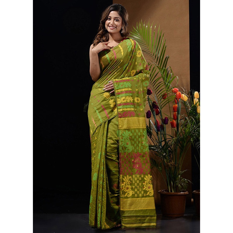 Green Tant Jamdani Saree Without Blouse Piece - JD986596592
