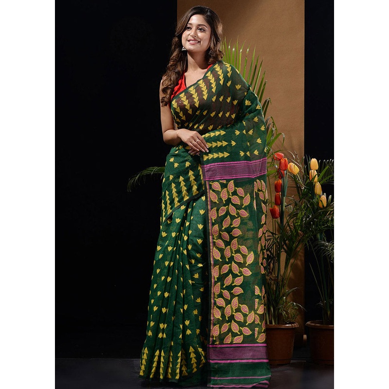 Green Tant Jamdani Saree Without Blouse Piece - JD986596596