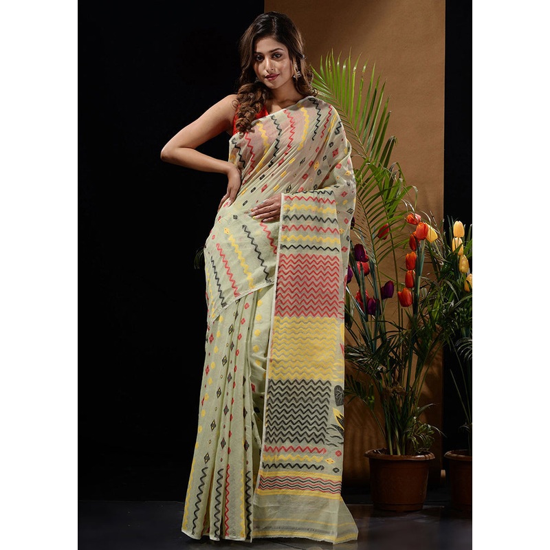 Green Tant Jamdani Saree Without Blouse Piece - JD986596608