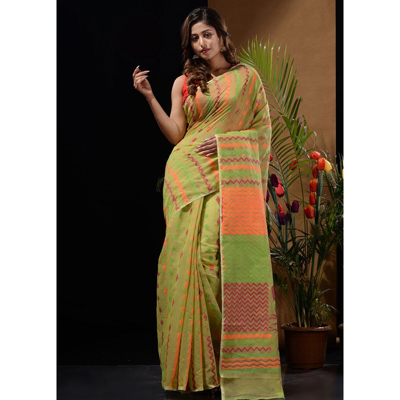 Green Tant Jamdani Saree Without Blouse Piece - JD986596611