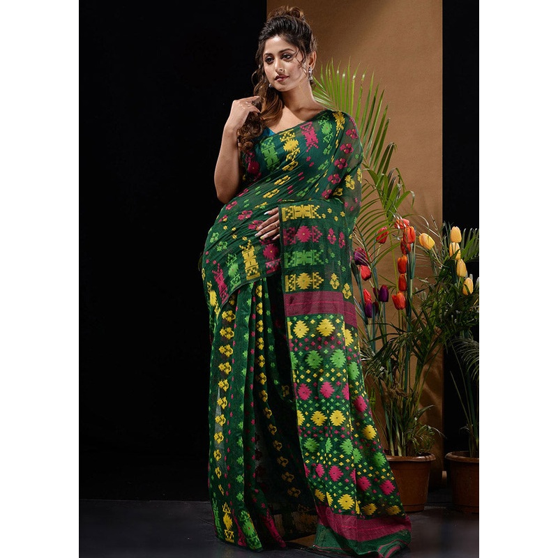 Green Tant Jamdani Saree Without Blouse Piece - JD986596627