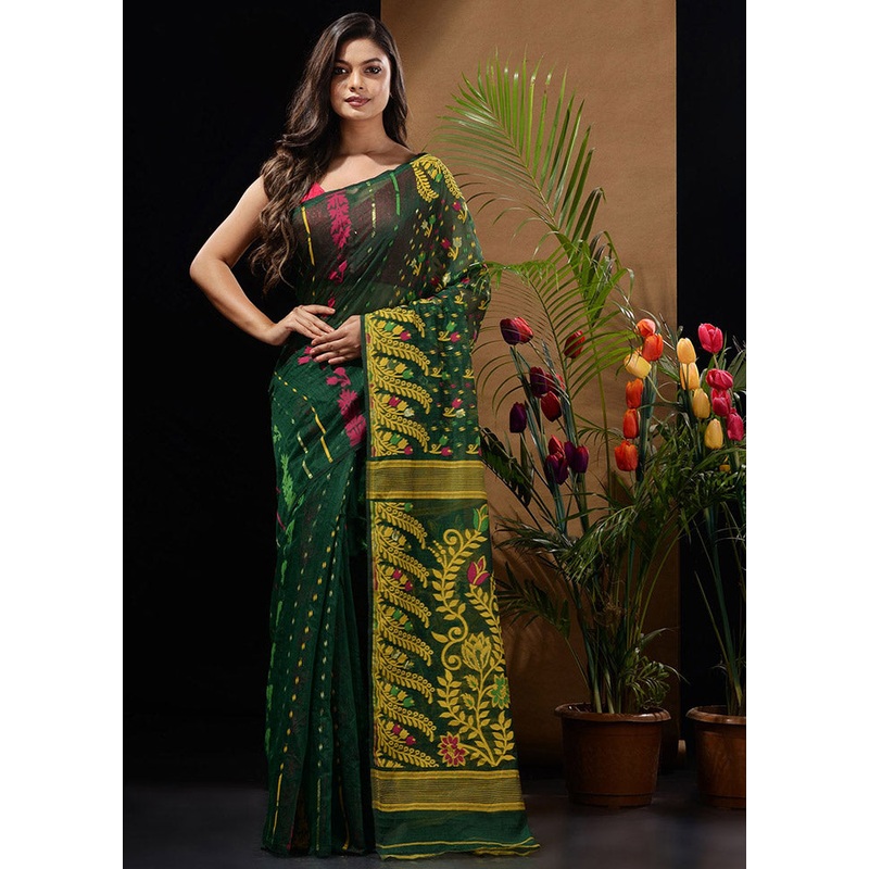 Green Tant Jamdani Saree Without Blouse Piece - JD986596639