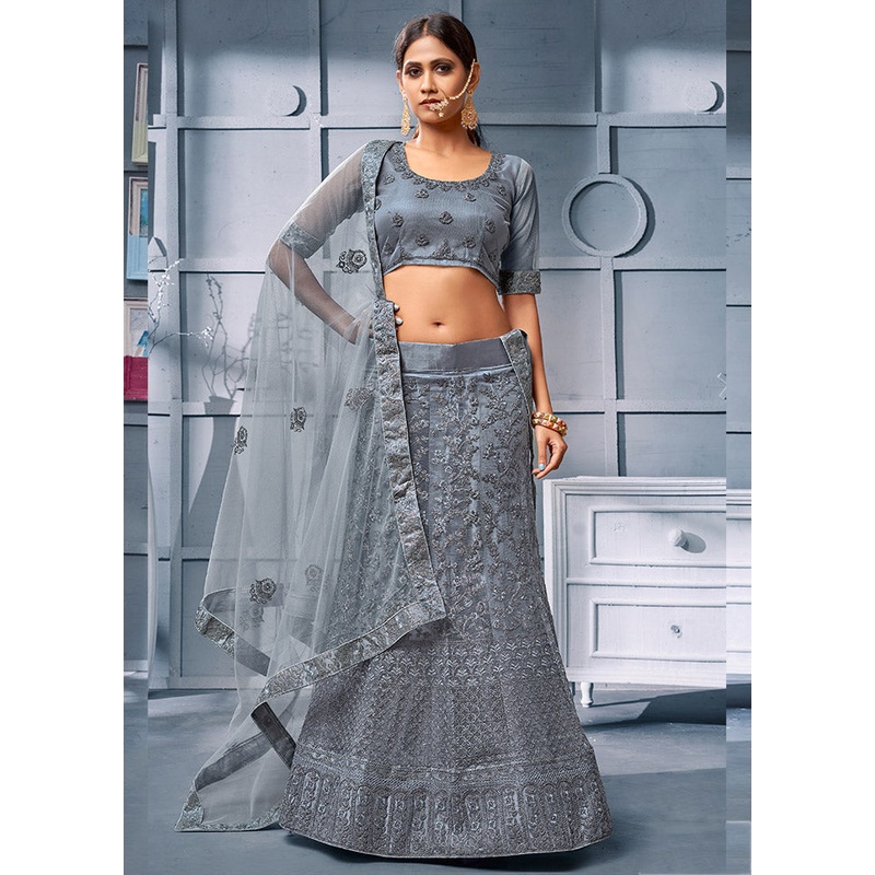 Grey Semi Stitched Net Lehenga Choli Set With Dupatta - JD986596482