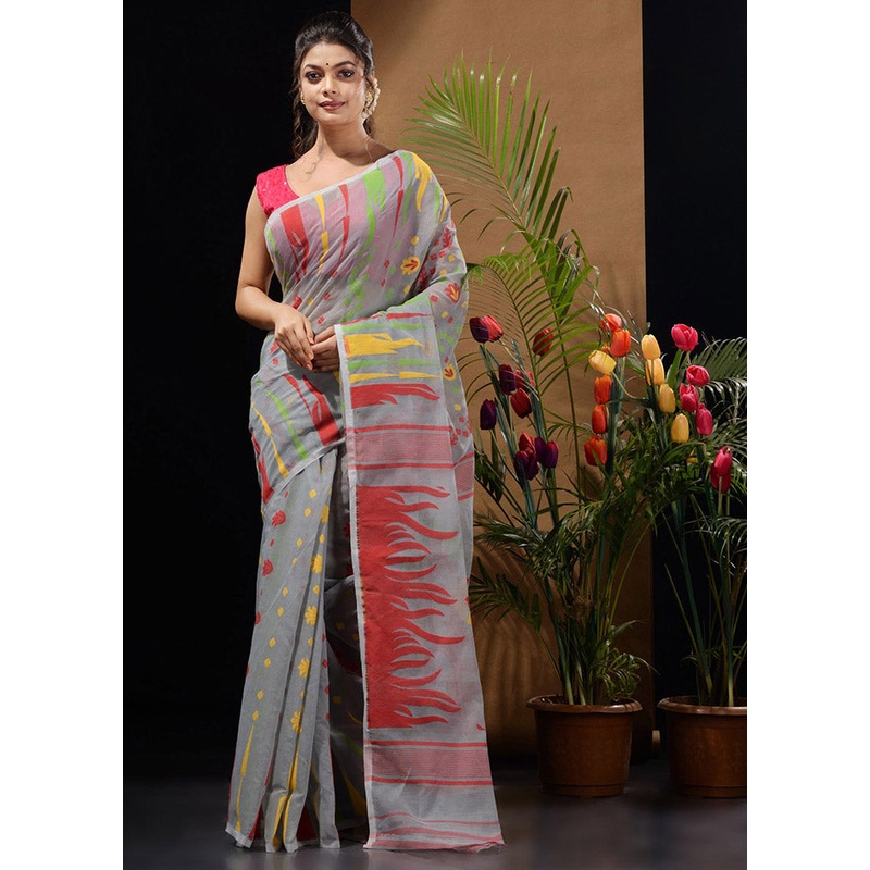 Grey Tant Jamdani Saree Without Blouse Piece - JD986596497