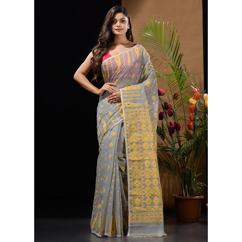 Grey Tant Jamdani Saree Without Blouse Piece - JD986596506