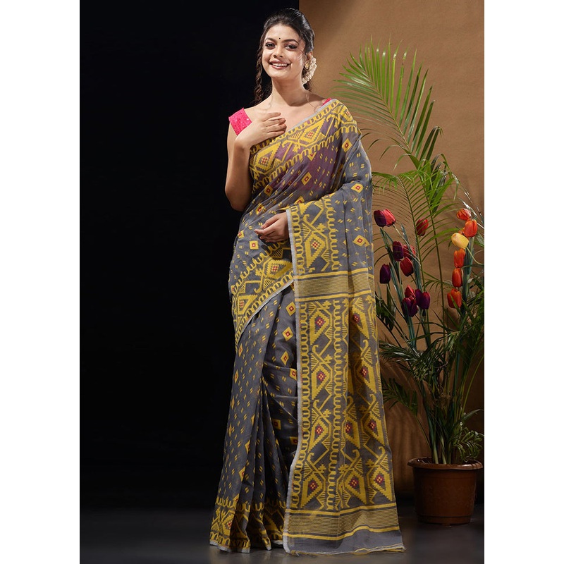 Grey Tant Jamdani Saree Without Blouse Piece - JD986596514