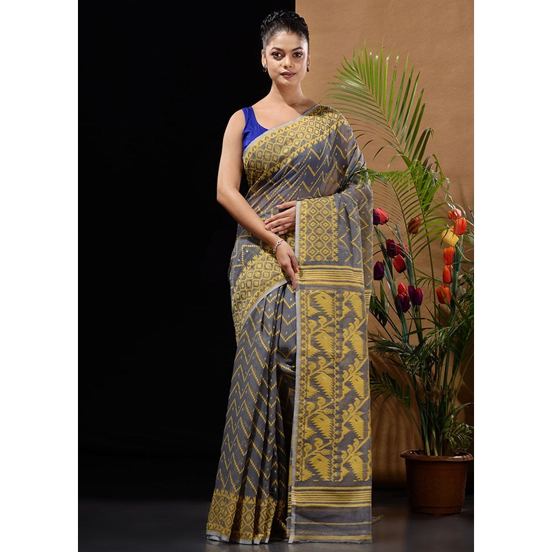 Grey Tant Jamdani Saree Without Blouse Piece - JD986596533