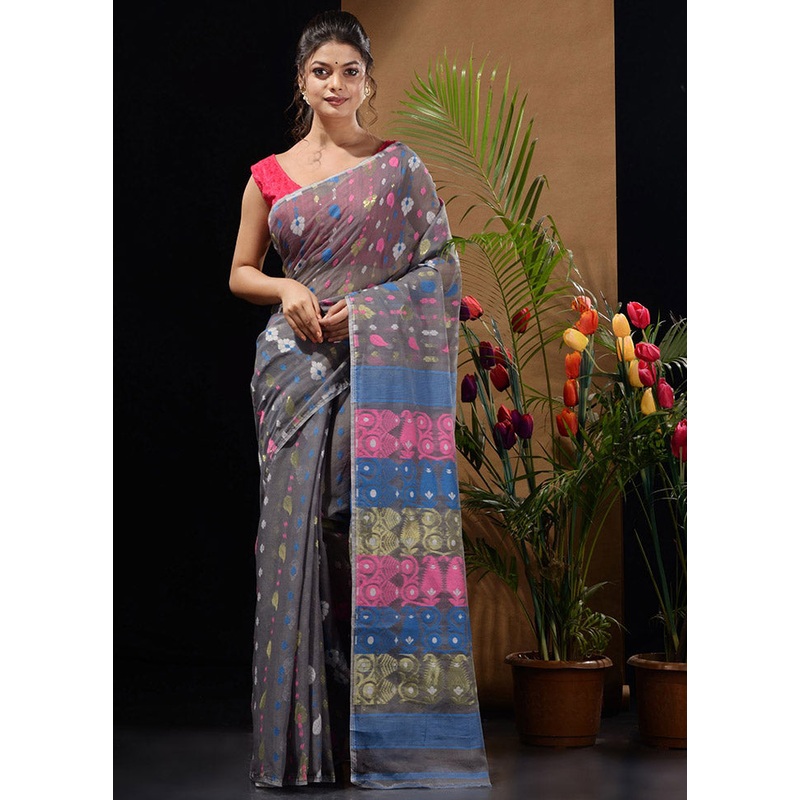 Grey Tant Jamdani Saree Without Blouse Piece - JD986596551