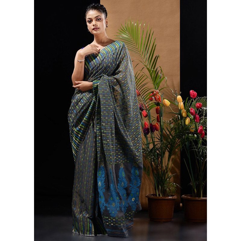 Grey Tant Jamdani Saree Without Blouse Piece - JD986596559
