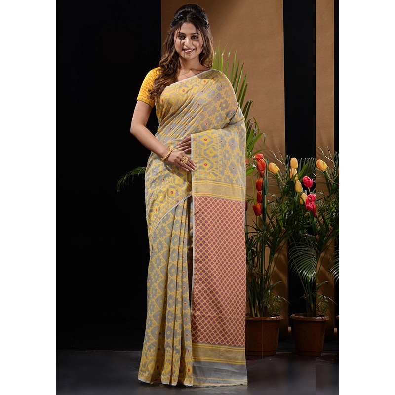 Grey Tant Jamdani Saree Without Blouse Piece - JD986596571