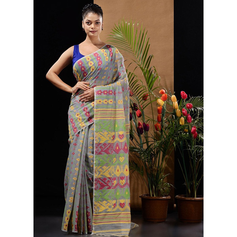 Grey Tant Jamdani Saree Without Blouse Piece - JD986596573