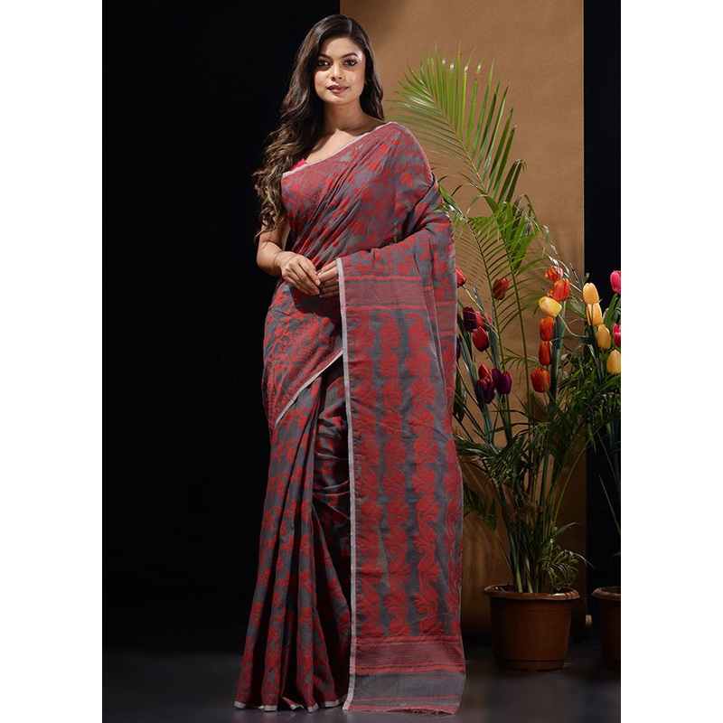 Grey Tant Jamdani Saree Without Blouse Piece - JD986596579