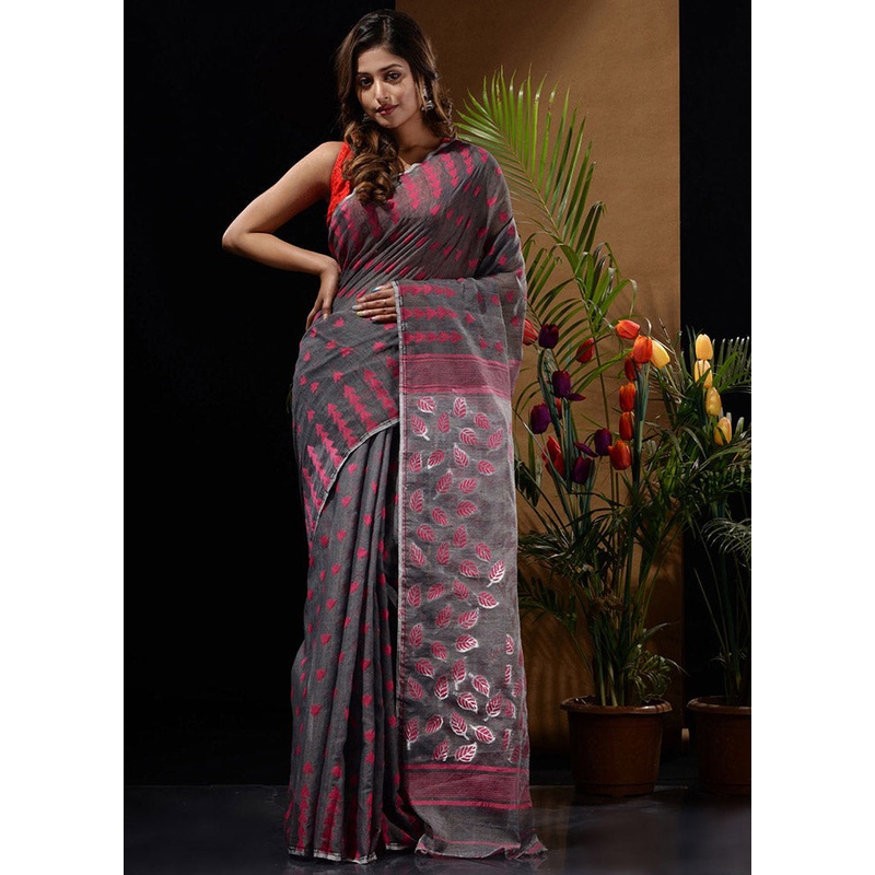 Grey Tant Jamdani Saree Without Blouse Piece - JD986596600