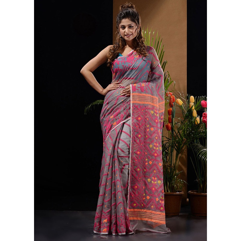 Grey Tant Jamdani Saree Without Blouse Piece - JD986596621