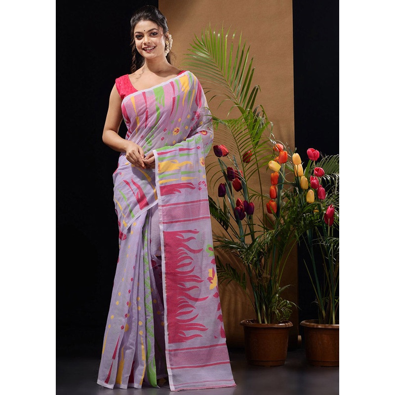 Lavender Tant Jamdani Saree Without Blouse Piece - JD986596495