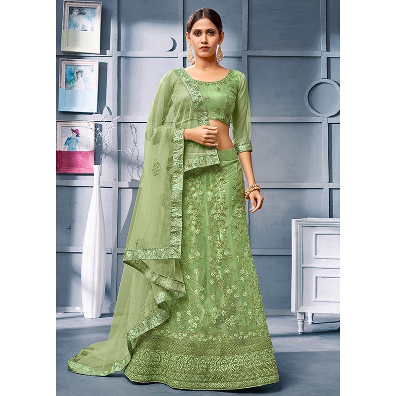 Light Green Semi Stitched Net Lehenga Choli Set With Dupatta - JD986596480